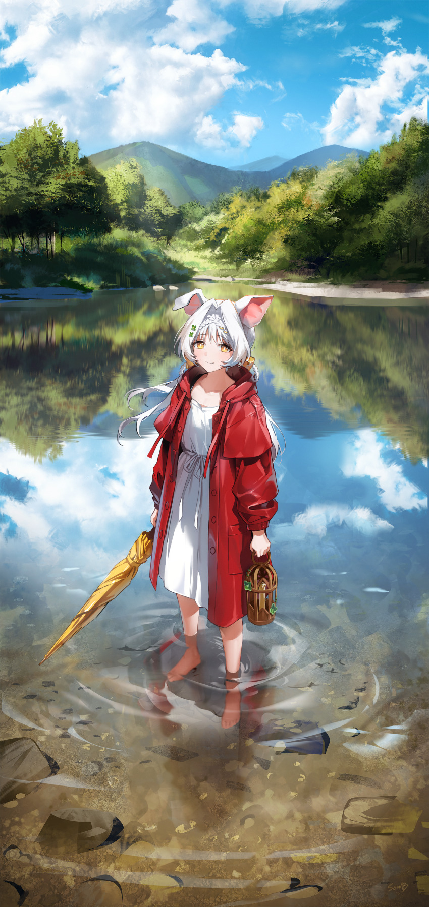 1girl absurdres animal_ear_request animal_ears barefoot blue_sky braid candle check_hair_ornament closed_mouth cloud clover_hair_ornament coat commentary curtained_hair day dress english_commentary flat_chest four-leaf_clover_hair_ornament full_body hair_ornament highres holding holding_lantern holding_umbrella hood hood_down lantern layered_clothes long_hair looking_at_viewer medium_dress mountainous_horizon nature orange_eyes original outdoors pond red_coat reflection reflective_water ribbon ripples sky smile solo sowb standing tree umbrella wading water white_dress white_hair white_ribbon wispy_bangs