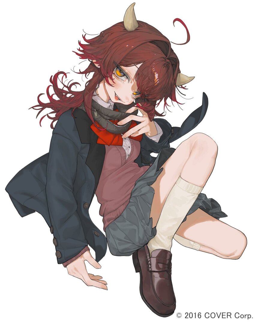 1girl 87yanagi :d black_jacket blazer bow bowtie brown_hair brown_shoes collared_shirt commentary_request copyright_notice fang full_body grey_skirt hair_intakes highres hololive horns jacket kneehighs medium_hair miniskirt official_art open_mouth pink_sweater pleated_skirt red_bow red_bowtie roboco-san school shirt shoes simple_background skirt smile socks solo sweater teeth upper_teeth_only v-neck virtual_youtuber white_background white_shirt white_socks wolf_cut yellow_eyes