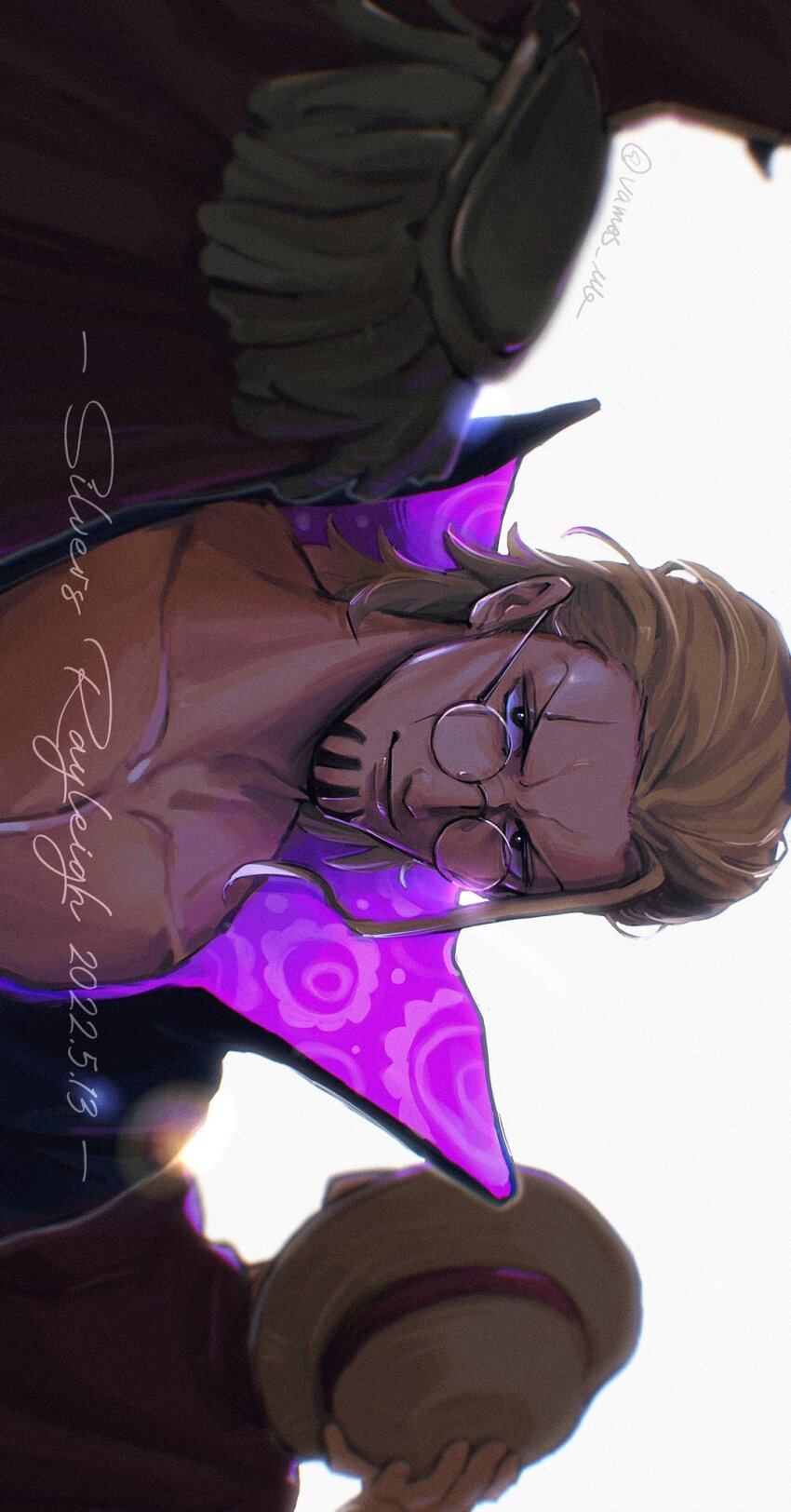 3boys back beard blonde_hair character_name commentary_request dated epaulettes facial_hair glasses gol_d._roger hair_slicked_back hand_on_own_hat hat high_collar highres looking_at_viewer male_focus monkey_d._luffy multiple_boys one_piece scar scar_across_eye scar_on_face short_hair silvers_rayleigh simple_background straw_hat twitter_username upper_body v-shaped_eyebrows vamos_mk white_background