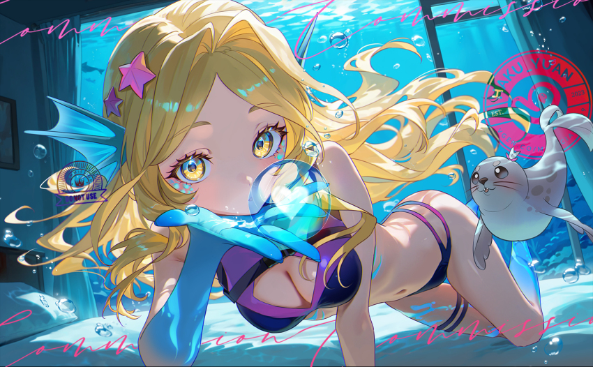 1girl bedroom bikini blonde_hair blowing_bubbles close-up commission haku_yuan mermaid monster_girl navel seal swimsuit underwater virtual_youtuber