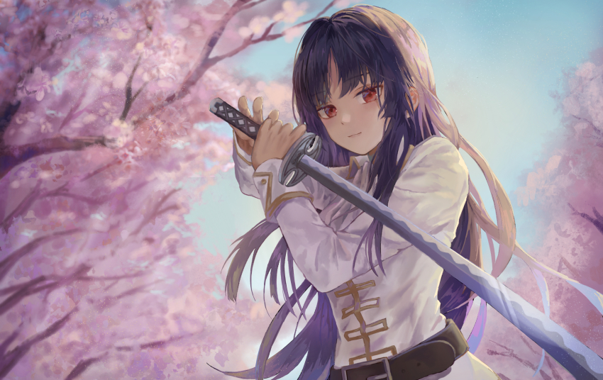 1girl blue_hair blunt_bangs cherry_blossoms dark_blue_hair gintama highres holding holding_sword holding_weapon imai_nobume long_hair long_sleeves looking_at_viewer military military_uniform red_eyes smile solo sword weapon yumago