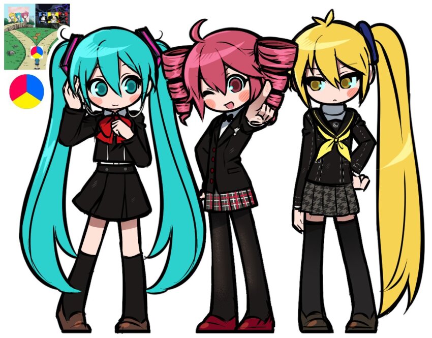 3girls akita_neru amamiya_ren aqua_eyes aqua_hair black_jacket black_pantyhose black_sailor_collar black_skirt black_socks black_thighhighs blonde_hair bow bowtie closed_mouth dramatic_crossroads_(meme) drill_hair earphones gekkoukan_high_school_uniform hair_ornament hand_on_own_hip hatsune_miku houndstooth jacket jjjjtaaaku kasane_teto kneehighs long_hair meme multiple_girls narukami_yu neckerchief one_eye_closed open_mouth pantyhose persona persona_3 persona_4 persona_5 plaid_clothes plaid_skirt pleated_skirt pointing red_bow red_bowtie red_eyes reference_inset sailor_collar school_uniform serafuku shoes shuujin_academy_school_uniform side_ponytail simple_background skirt socks standing thighhighs triple_baka_(vocaloid) twin_drills twintails utau very_long_hair vocaloid white_background yasogami_school_uniform yellow_eyes yellow_neckerchief yuuki_makoto_(persona_3)