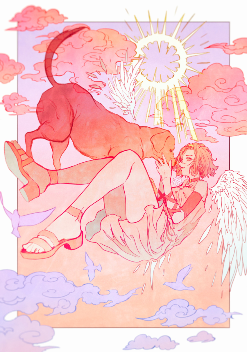 1girl angel_wings animal arm_warmers arnold_(jojo) bare_shoulders blurry border choker closed_mouth cloud diamond_wa_kudakenai dog dress feathered_wings floating from_side full_body gradient_background hairband highres holding holding_animal jojo_no_kimyou_na_bouken looking_at_animal mizudama multicolored_background orange_background orange_eyes orange_hair outside_border pink_choker pink_dress pink_sandals purple_background sandals short_hair simple_background smile sugimoto_reimi sun white_border white_wings wings yellow_hairband