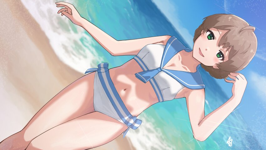 1girl absurdres ahoge beach bikini blue_bow blue_neckerchief blue_sailor_collar blue_sky blush bow bow_bikini braid breasts brown_hair collarbone day dutch_angle glint green_eyes highres idolmaster idolmaster_million_live! looking_at_viewer navel neckerchief open_mouth outdoors sailor_bikini sailor_collar sailor_swimsuit_(idolmaster) sakuramori_kaori short_hair signature sky smile solo splashab standing swimsuit white_bikini