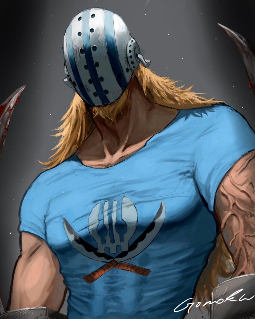 1boy blonde_hair blue_shirt commentary_request facial_hair facial_hair_through_mask goatee gomoku_0318 highres hockey_mask killer_(one_piece) long_hair male_focus mask muscular muscular_male one_piece shirt short_sleeves signature solo t-shirt weapon