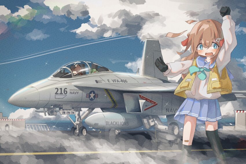 2girls aircraft airplane asymmetrical_legwear black_gloves black_socks black_thighhighs blue_eyes blue_skirt blue_sky blush brown_hair cloud commentary commission english_commentary evil_neuro-sama f/a-18f_super_hornet fighter_jet gloves hair_ribbon highres hikaru_itachi long_hair long_sleeves military_vehicle multiple_girls neuro-sama open_mouth outdoors red_ribbon ribbon shirt siblings sisters skirt sky socks standing thighhighs twins uneven_legwear v vedal987 vedal_ai vest virtual_youtuber white_shirt wide_shot yellow_vest
