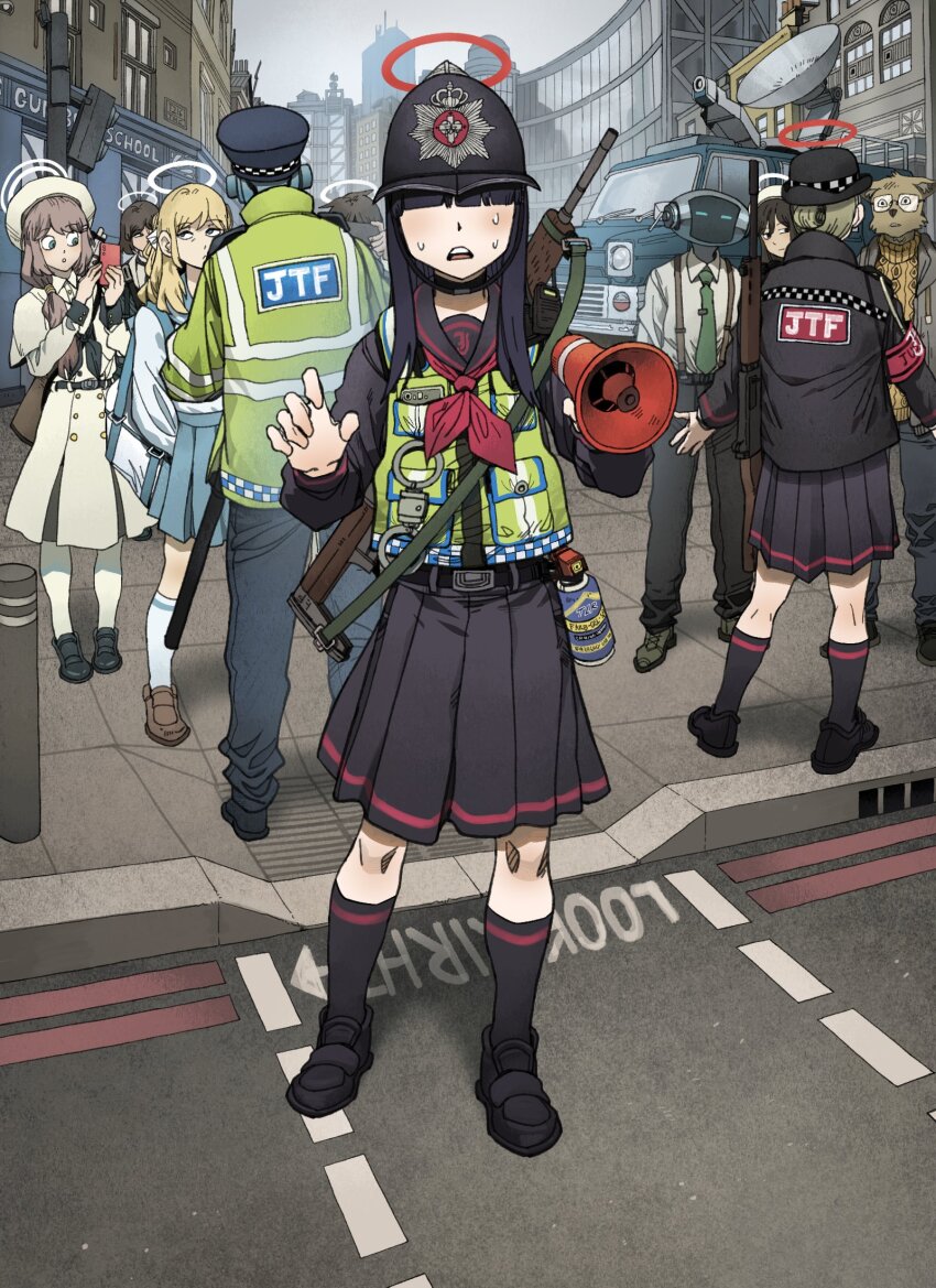 2boys 6+girls android_(blue_archive) battle_rifle black_skirt blue_archive blue_skirt chickenapple33 cuffs dress fn_fal green_vest gun handcuffs high-visibility_clothing high-visibility_jacket high-visibility_vest highres justice_task_force_member_(blue_archive) looking_at_viewer megaphone metropolitan_police_service motor_vehicle multiple_boys multiple_girls police rifle robot school_uniform skirt tea_party_militant_(blue_archive) trinity_student_(blue_archive) van vest weapon white_dress