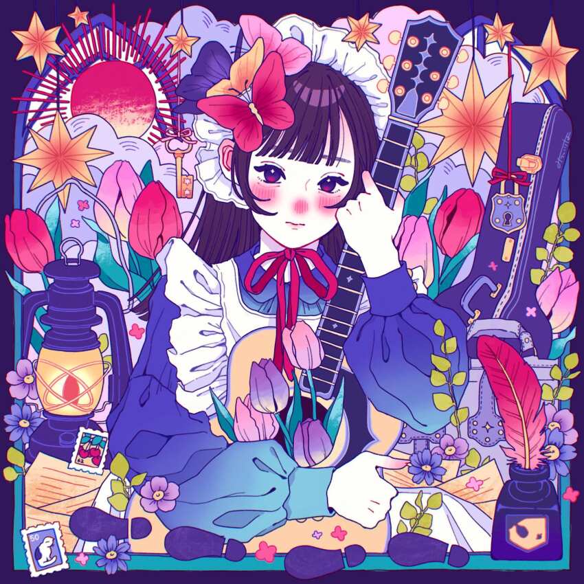 1girl blush bonnet bug butterfly butterfly_hair_ornament closed_mouth eyelashes flower guitar hair_ornament highres holding holding_guitar holding_instrument ink insect instrument leaf lips long_hair long_sleeves looking_at_viewer mtirn3373 nose_blush original paper pink_butterfly pink_flower pink_tulip purple_flower purple_tulip quill red_butterfly red_flower red_tulip sidelocks solo square star_(symbol) sun_symbol tulip white_bonnet wispy_bangs
