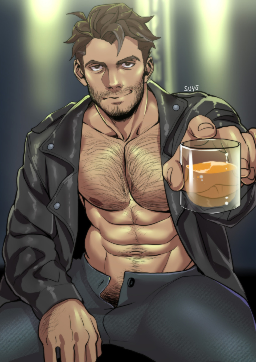 1boy abs alcohol body_hair brown_hair dream_daddy:_a_dad_dating_simulator facial_hair glass highres jacket male_focus muscular open_clothes open_jacket pectorals pubic_hair pubic_hair_peek robert_small short_hair sitting smile solo spread_legs suyohara