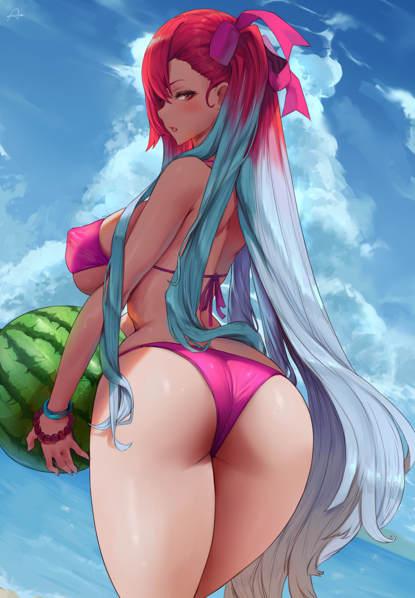 1girl absurdres araneesama artist_name ass bare_shoulders bikini blue_hair blue_sky blush bracelet breasts cloud cloudy_sky covered_erect_nipples day fingernails food from_behind fruit gradient_hair highleg highleg_bikini highres holding holding_food jewelry large_breasts lips long_hair looking_at_viewer looking_back multicolored_hair ocean outdoors parted_lips purple_bikini red_eyes red_hair riela_marcellis senjou_no_valkyria senjou_no_valkyria_(series) senjou_no_valkyria_3 shiny_clothes shiny_skin simple_background sky solo swimsuit thighs two-tone_hair water watermelon