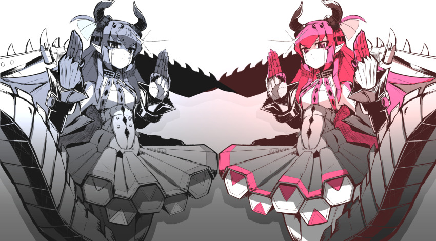 2girls arms_up dragon_girl dragon_horns dragon_tail elizabeth_bathory_(fate) eyebrows_hidden_by_hair fate/grand_order fate_(series) grey_eyes grey_hair hair_between_eyes highres horns long_hair mecha_eli-chan_(fate) mecha_eli-chan_mk.ii_(fate) multiple_girls pandain red_eyes red_hair robot skirt tail