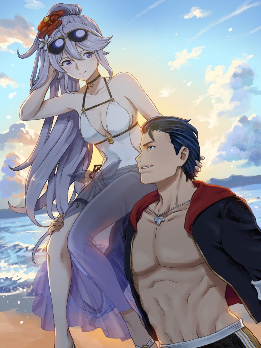 1boy 1girl beach choker commission commissioner_upload couple fire_emblem fire_emblem:_genealogy_of_the_holy_war fire_emblem:_thracia_776 highres holding ishtar_(fire_emblem) jewelry long_hair necklace nintendo pectorals ponytail reinhardt_(fire_emblem) sitting_on_shoulder skeb_commission sunglasses swimsuit tooth_necklace ume_(yume_uta_da) water
