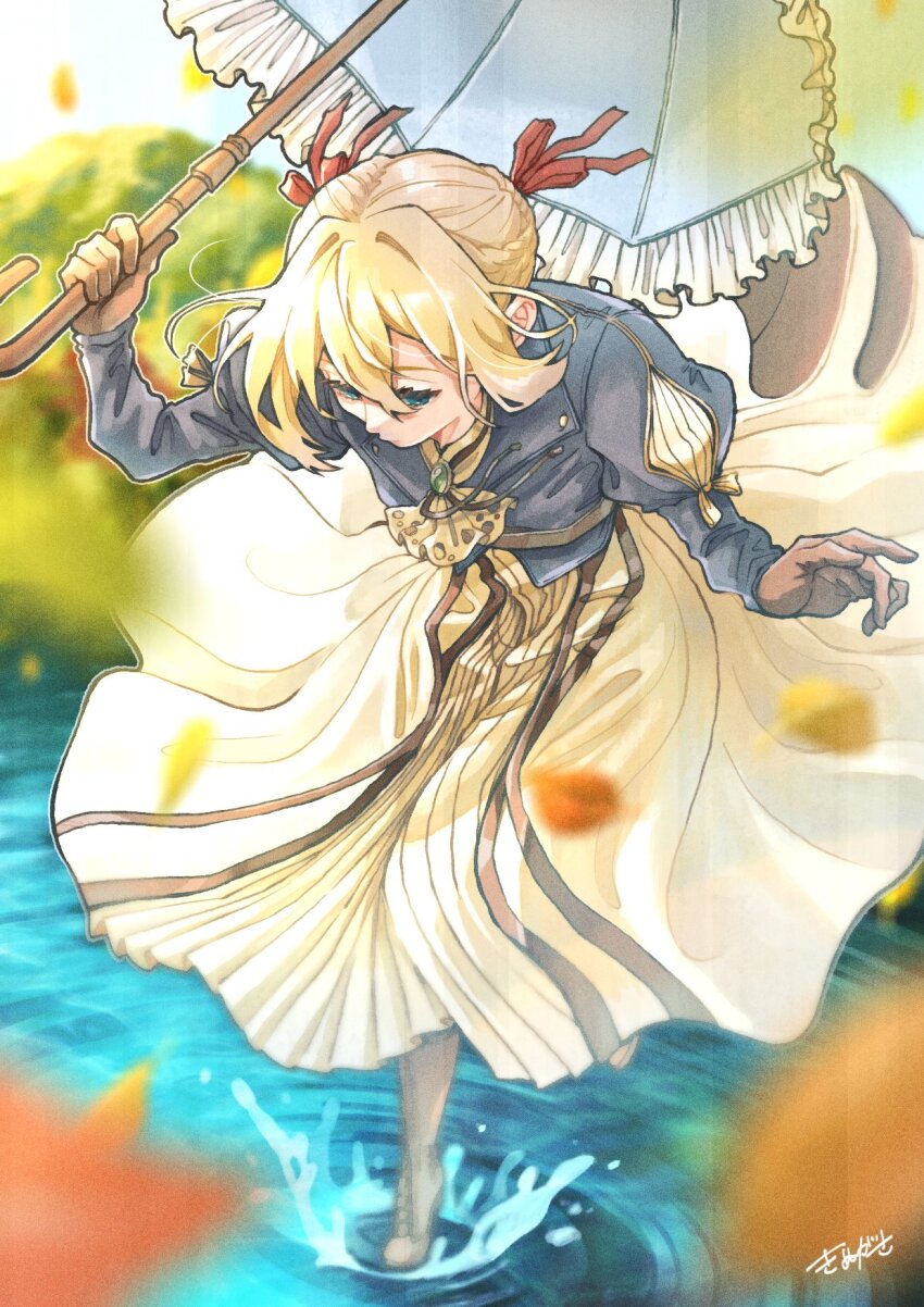 1girl ascot blonde_hair blue_eyes blue_jacket boots brooch brown_gloves circle_skirt dress full_body gem gloves hair_between_eyes hair_ribbon highres holding holding_umbrella jacket jewelry kinuuu_x3x looking_down on_water red_ribbon ribbon shirt skirt solo splashing standing standing_on_liquid standing_on_one_leg umbrella violet_evergarden violet_evergarden_(series) white_ascot white_shirt