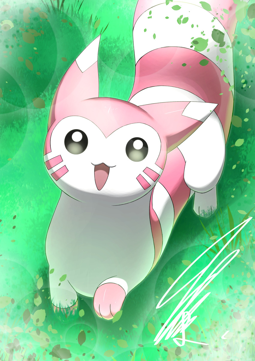 :3 absurdres animal_hands black_eyes blurry bokeh colored_skin depth_of_field from_above furret game_freak gen_2_pokemon glowing grass highres leaf looking_at_viewer marking_on_cheek mitsukuma448 nintendo no_humans open_mouth outdoors pink_skin pointy_ears pokemon pokemon_(creature) signature solo striped_skin tail white_skin