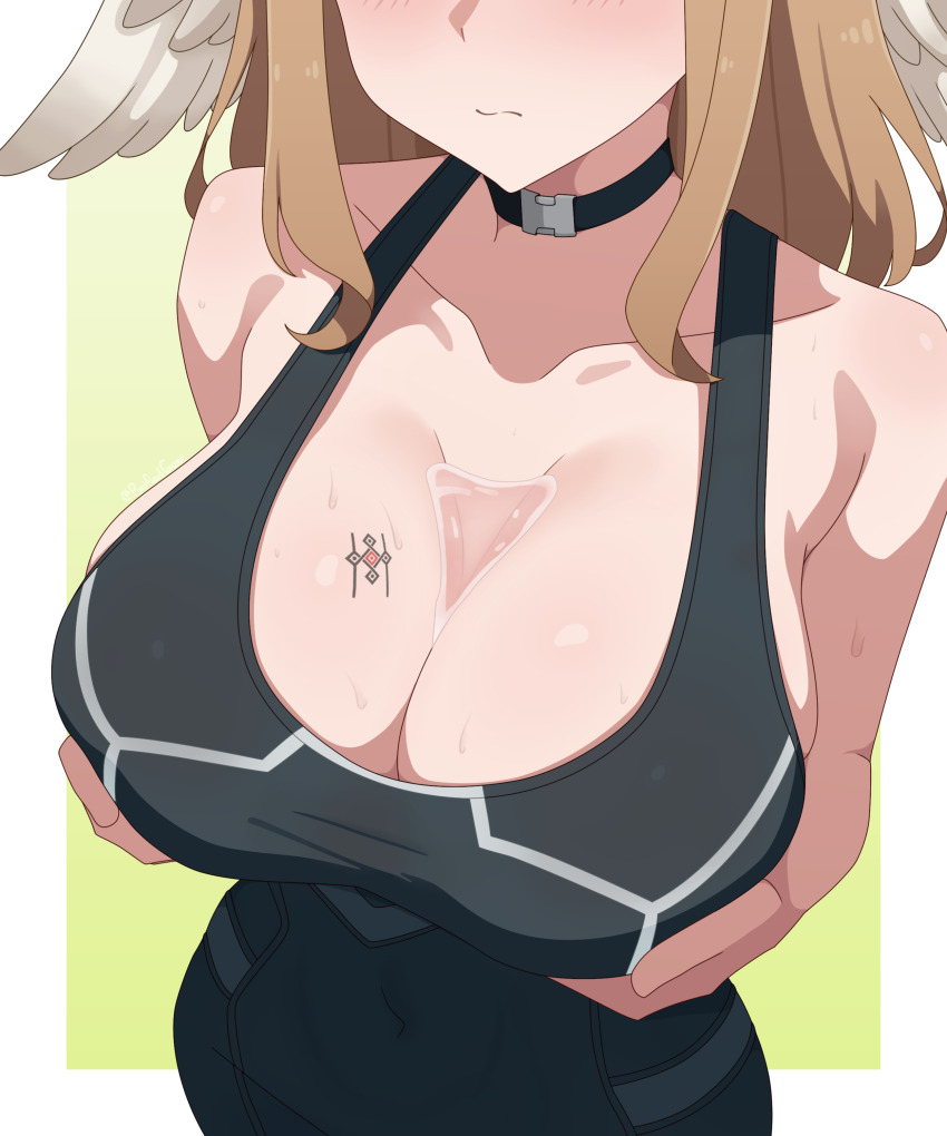 1girl :s absurdres arms_under_breasts bare_shoulders black_choker blush border breast_tattoo breasts brown_hair bust_cup choker cleavage closed_mouth collarbone covered_navel eunie_(xenoblade) eyes_out_of_frame green_background guilegaze head_out_of_frame head_wings highres impossible_clothes large_breasts long_hair outside_border simple_background skin_tight solo tattoo white_border wings xenoblade_chronicles_(series) xenoblade_chronicles_3