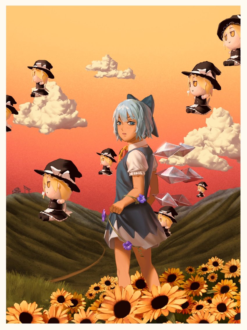 1girl apron black_headwear black_skirt black_vest blonde_hair blouse blue_bow blue_dress blue_eyes blue_flower blue_hair bow c: cirno cloud collared_shirt dress field flower flower_boy flower_field flower_ornament frilled_apron frilled_hat frills from_side fumo_(doll) hair_bow hakurei_shrine hat hat_bow highres holding ice ice_wings kips kirisame_marisa mixed-language_commentary open_mouth outstretched_arms path photo-referenced plant puffy_short_sleeves puffy_sleeves road shirt short_sleeves skirt skirt_hold smile solo_focus spread_arms sunflower sunflower_field sunset tanned_cirno torii touhou tyler_the_creator vest vines waist_apron white_apron white_bow white_shirt wings witch_hat yellow_eyes