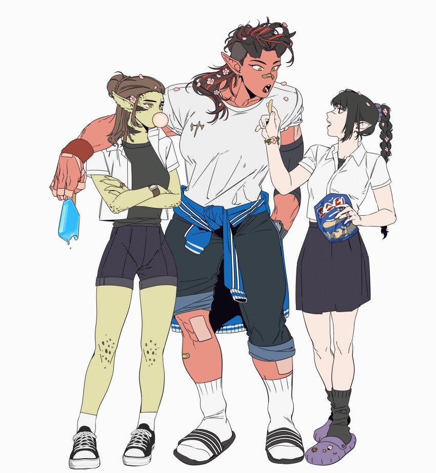 3girls :o absurdres alternate_costume arm_around_shoulder baldur&#039;s_gate baldur&#039;s_gate_3 bandaid bandaid_on_knee bandaid_on_leg black_hair black_shorts black_skirt black_socks braid braided_ponytail broken_horn brown_hair chewing_gum clothes_around_waist colored_skin contemporary crossed_arms demon_horns dungeons_&amp;_dragons dungeons_&amp;_dragons elf feeding flower food full_body gith_(d&amp;d) green_skin hair_bun hair_flower hair_ornament highres holding holding_food holding_popsicle horns karlach l_maria_427 lae&#039;zel looking_at_another medium_hair multiple_girls open_mouth pointy_ears popsicle red_skin shadowheart_(baldur&#039;s_gate) shirt shoes shorts simple_background single_hair_bun skirt slippers sneakers socks standing t-shirt tiefling watch white_background white_shirt white_socks wristwatch yellow_eyes