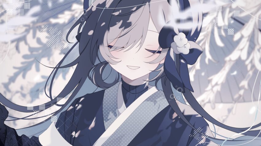 1girl black_hair black_kimono black_ribbon close-up closed_eyes grey_hair grin hair_ribbon highres japanese_clothes kimono long_hair multicolored_hair original p_pi011 ribbon smile solo teeth two-tone_hair upper_body