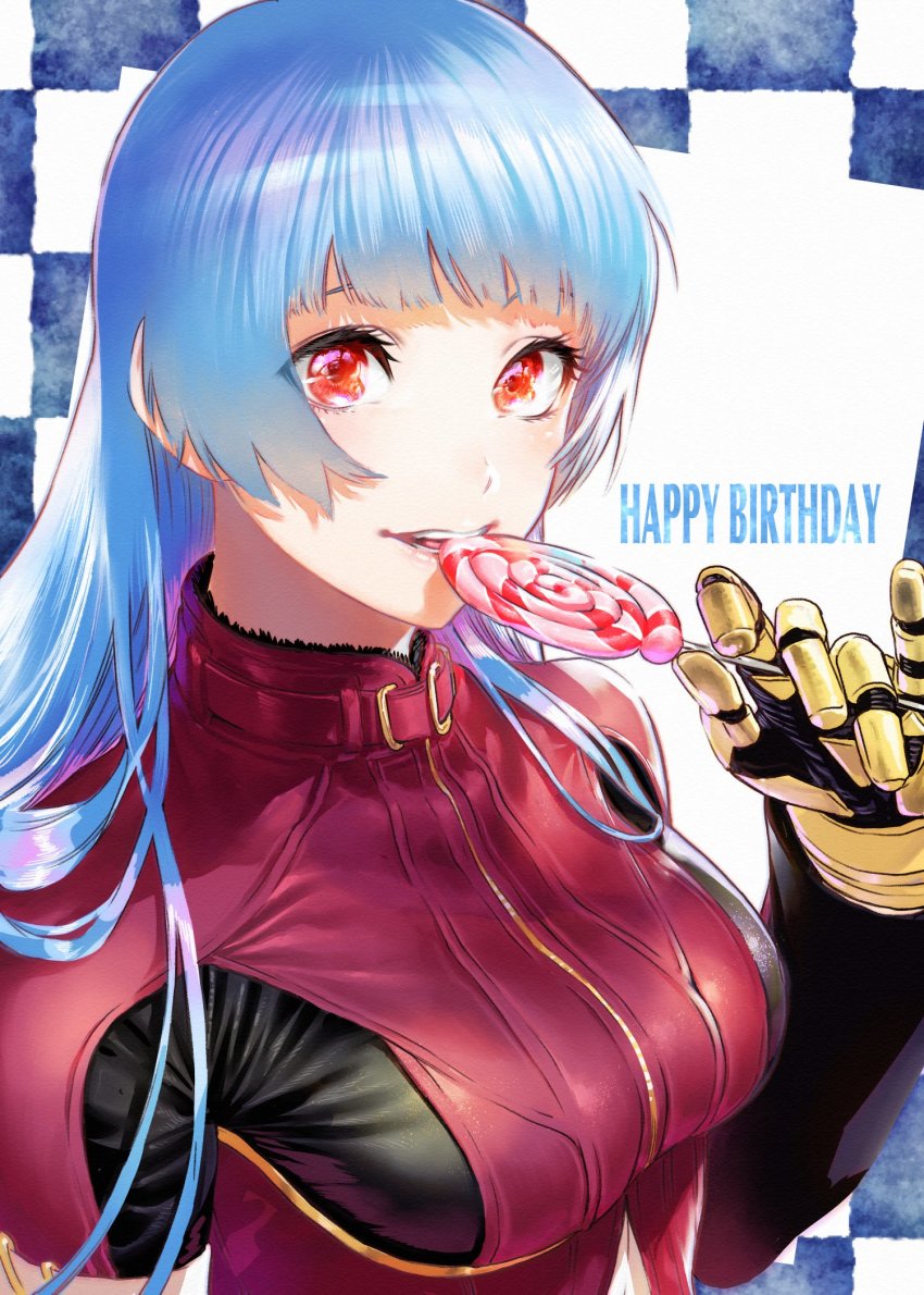 1girl azuma_kyoutarou_(artist) blue_hair blush bodysuit breasts candy female_focus food gloves happy_birthday highres kula_diamond lollipop long_hair long_sleeves looking_at_viewer medium_breasts red_eyes smile snk solo the_king_of_fighters the_king_of_fighters_xiv upper_body