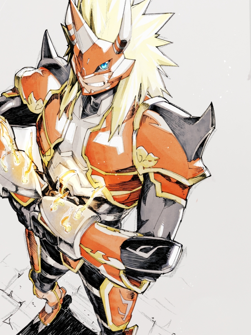 1boy agnimon armor black_bodysuit blonde_hair blue_eyes bodysuit commentary_request digimon digimon_(creature) digimon_frontier fire foot_out_of_frame helmet highres horns long_hair male_focus red_armor red_helmet simple_background slit_pupils smirk solo takeuchi_(a3) white_background