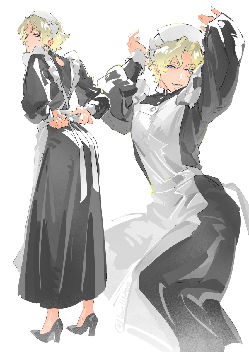 1boy adjusting_apron alternate_costume apron arms_up artist_name back_cutout blue_eyes char_aznable clothing_cutout collar commentary crossdressing english_commentary enmaided frills gundam gundam_gquuuuuux high_heels highres long_sleeves looking_back maid maid_apron maid_headdress male_focus mixed-language_commentary nomaumona seductive_smile simple_background smile solo twitter_username white_apron white_background