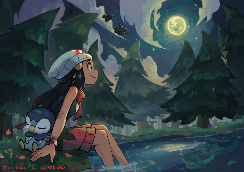 1girl artist_name beanie black_hair closed_mouth commentary darkrai dawn_(pokemon) english_commentary flying forest full_moon gen_2_pokemon gen_3_pokemon gen_4_pokemon hat highres kyuare legendary_pokemon lombre long_hair lotad master_ball moon murkrow mythical_pokemon nature night night_sky nintendo outdoors piplup poke_ball poke_ball_(basic) pokemon pokemon_dppt sitting sky sleeping smile soaking_feet star_(sky) tree twitter_username white_hat