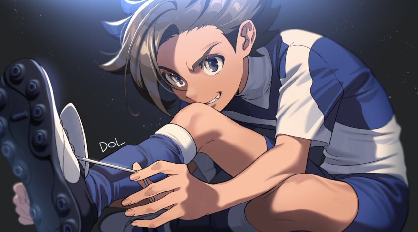 1boy black_background blue_eyes blue_hair blue_shorts blue_socks brown_hair dolustoy earth_eleven highres inazuma_eleven_(series) inazuma_eleven_go inazuma_eleven_go_galaxy kneehighs male_focus matatagi_hayato multicolored_hair parted_lips shoelaces shorts soccer_uniform socks solo spiked_hair sportswear two-tone_shirt tying_footwear