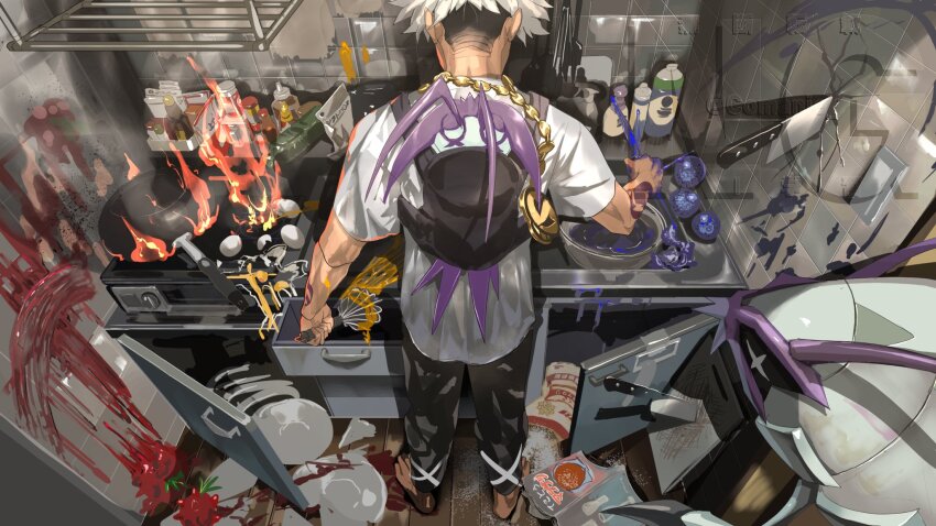 1boy arm_tattoo berry_(pokemon) bottle comanie commentary_request cooking cooking_pot crack cracked_wall creatures_(company) drawer egg fire game_freak gen_7_pokemon golisopod guzma_(pokemon) highres holding holding_whisk indoors kitchen knife male_focus messy_room mixing_bowl nintendo pants plate pokemon pokemon_(creature) pokemon_sm shirt short_hair short_sleeves standing t-shirt tattoo whisk white_hair white_shirt