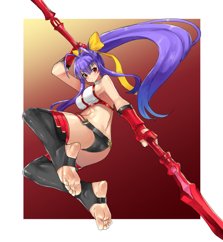 1girl antenna_hair ass backless_outfit barefoot black_panties black_pants blazblue blazblue:_central_fiction blazblue_variable_heart blue_hair border bow breasts collar eiji_(eiji) feet foot_focus halterneck highres holding holding_weapon large_breasts long_hair mai_natsume outseal panties pants polearm red_eyes revealing_clothes smile soles spear stirrup_legwear thighhighs toeless_legwear toes underwear weapon white_border yellow_bow