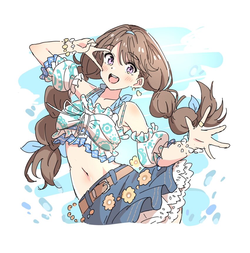 1girl bare_shoulders bien_(djpwjd1) blue_background blue_skirt border brown_hair collarbone commentary_request cowboy_shot cropped_legs denim denim_skirt fujishima_megumi highres link!_like!_love_live! long_hair love_live! low_twintails miniskirt multi-tied_hair natsumeki_pain official_alternate_costume open_hand purple_eyes skirt solo twintails v v_over_eye virtual_youtuber white_border