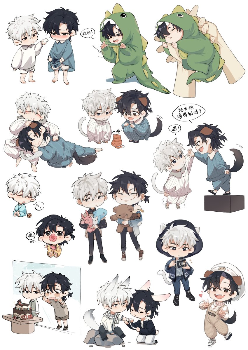 2boys absurdres against_glass aged_down animal_ears baby bandaged_wrist bandages barefoot bib black_footwear black_hair black_jacket black_pants blouse blue_shirt blush boots brown_eyes cake camera cat cat_boy cat_ears cat_tail character_name cheng_xiaoshi chibi child chinese_commentary chinese_text claw_pose clenched_hand closed_eyes closed_mouth commentary crying crying_with_eyes_open dinosaur_costume dog_boy dog_ears dog_tail food happy hat high_five highres holding holding_camera holding_stuffed_toy jacket kemonomimi_mode kneeling long_sleeves looking_at_animal looking_at_another looking_at_food looking_at_viewer looking_down lu_guang male_focus mini_person miniboy multiple_boys open_clothes open_jacket open_mouth orange_cat overalls pacifier pajamas pants rabbit_boy rabbit_ears rabbit_tail rock saliva scarf shiguang_dailiren shirt short_hair short_sleeves shorts simple_background sitting sleeping smile sparkle speech_bubble squatting stain stained_clothes standing stuffed_animal stuffed_dolphin stuffed_duck stuffed_rabbit stuffed_toy tail tail_wagging tears teddy_bear teeth translation_request white_background white_hair white_headwear white_pants white_scarf white_shirt white_shorts window wolf_boy wolf_ears wolf_tail ya_kexi