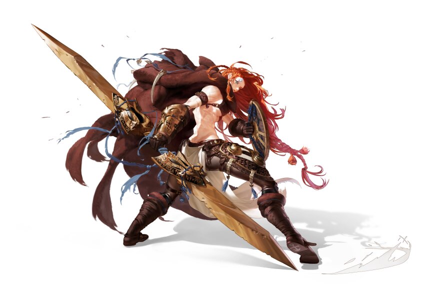 1girl 464 absurdres armband armor back_muscles blue_eyes blue_ribbon blue_rope blue_tattoo boots braid braided_ponytail breasts brown_cape cape gauntlets gold_armor highres holding holding_sword holding_weapon large_breasts leather_armor leather_bikini long_hair looking_at_viewer multiple_scars muscular muscular_female original pants red_hair ribbon rope runes scar shield solo sword tight_clothes tight_pants twin_blades viking weapon white_background white_loincloth