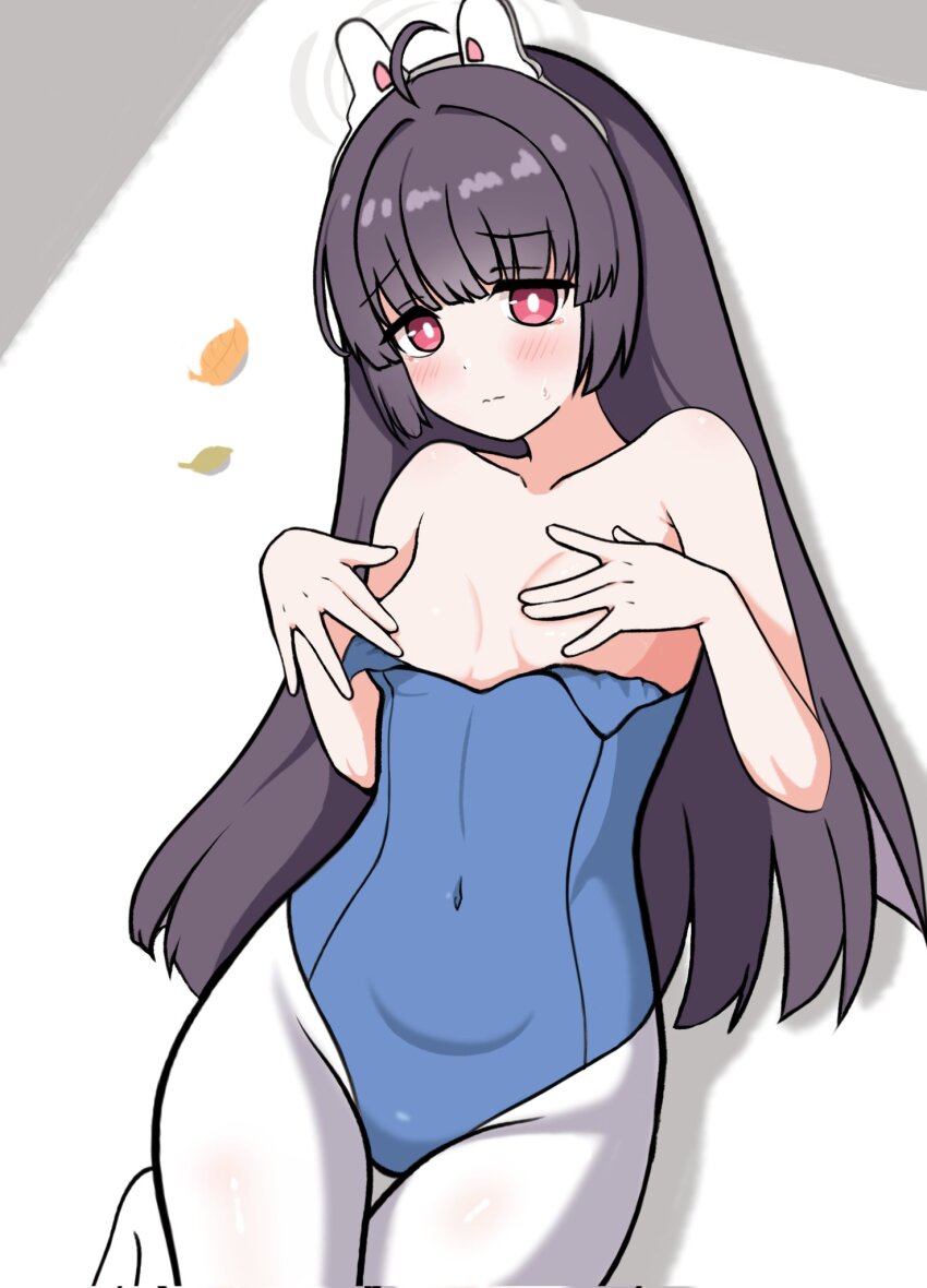 1girl ahoge bare_arms bare_shoulders black_hair blue_archive blue_leotard blush breasts closed_mouth collarbone commentary_request covering_privates covering_breasts feet_out_of_frame groin halo headgear highres io9 leaf leotard long_hair miyu_(blue_archive) pantyhose red_eyes small_breasts solo strapless strapless_leotard sweat very_long_hair white_pantyhose