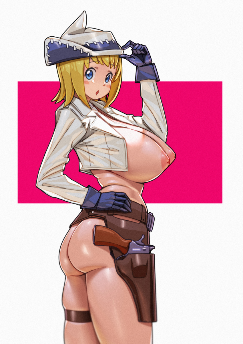 1girl alternate_breast_size ass blonde_hair blue_eyes bottomless breasts cowboy_shot cowgirl_(western) gloves gun handgun hat highres holster holstered huge_breasts jacket looking_at_viewer nipples no_bra patricia_thompson qingmingtongzi revolver short_hair simple_background soul_eater thigh_strap thighs weapon white_jacket