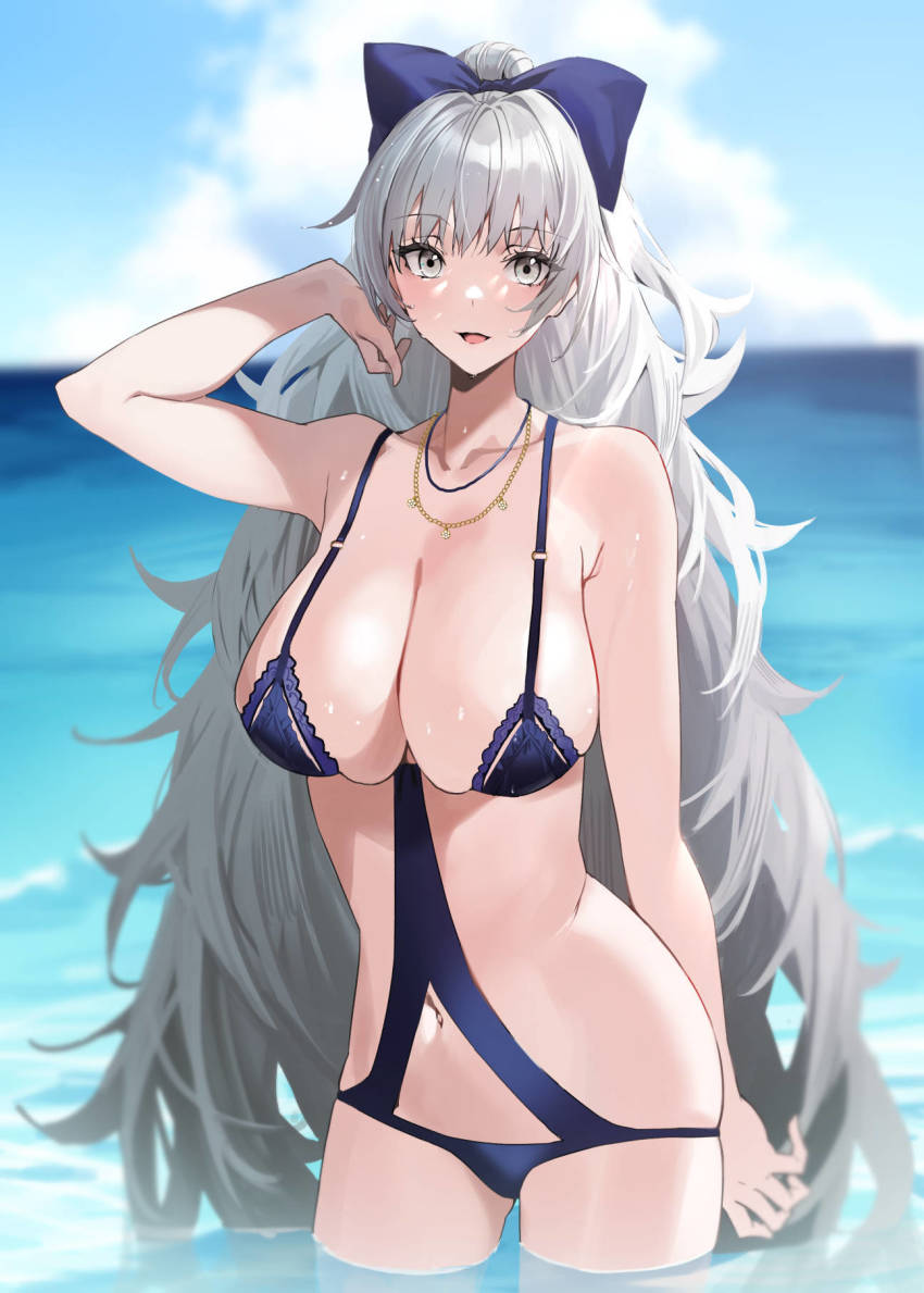 1girl arm_behind_back arm_up azur_lane bikini bow breasts chain chain_necklace grey_eyes grey_hair hair_bow high_ponytail highres jewelry lace lace-trimmed_bikini lace_trim large_breasts long_hair necklace o-ring o-ring_bikini o-ring_swimsuit ocean official_alternate_costume partially_submerged ponytail purple_bikini purple_bow raitho skindentation string_bikini swimsuit vittorio_veneto_(azur_lane) vittorio_veneto_(the_flower_of_la_spezia)_(azur_lane)