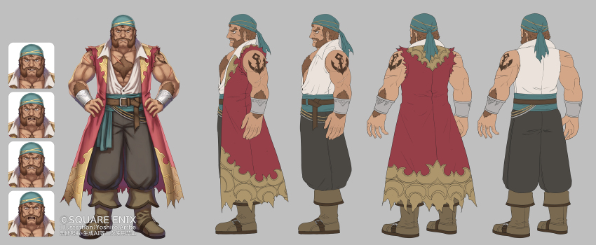 1boy absurdres anbe_yoshirou anchor_tattoo angry aqua_bandana artist_name beard belt belt_buckle black_pants boots bracer brown_belt brown_boots brown_hair buckle chest_hair cloak closed_mouth commentary_request copyright_notice expressionless facial_hair full_body garon_(romacing_saga_2) grey_background hands_on_own_hips highres male_focus multiple_expressions official_art open_mouth pants partially_unbuttoned red_cloak romancing_saga_2 saga scar scar_on_arm scar_on_chest shirt short_hair smile standing surprised tattoo torn_clothes torn_sleeves unbuttoned unbuttoned_shirt very_short_hair white_shirt