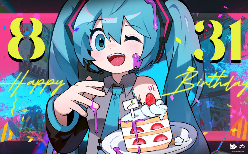 1girl aqua_eyes aqua_hair arm_tattoo artist_logo bare_shoulders birthday birthday_cake blush breasts cake cake_slice collared_shirt confetti dated detached_sleeves english_text food grey_shirt happy_birthday hatsune_miku headset highres logo long_hair microphone morizo_(morizoshop) necktie one_eye_closed open_mouth party_popper plate shirt sleeveless sleeveless_shirt small_breasts smile solo tattoo twintails upper_body vocaloid