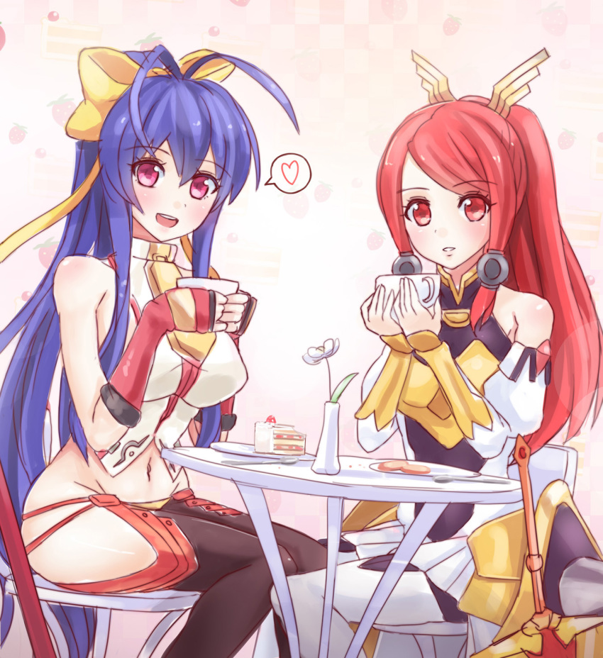 2girls :d antenna_hair armor armored_dress backless_outfit bare_shoulders black_legwear black_pants blazblue blazblue:_central_fiction blue_hair blush boots bow breasts cafe cake chair checkered_background cup detached_sleeves dress fingerless_gloves flower food fruit fruit_background genderswap genderswap_(mtf) gloves groin hair_between_eyes hair_bow hair_tubes halterneck heart highres holding holding_cup izayoi_(blazblue) large_breasts long_hair looking_at_viewer lowleg lowleg_pants mai_natsume midriff miniskirt multiple_girls navel no_bra no_panties open_mouth outseal pants pantyhose pastry plate polearm ponytail purple_eyes red_eyes red_gloves red_hair revealing_clothes ribbon sideboob sidelocks sitting skirt smile spear speech_bubble spoken_heart spoon standing strawberry strawberry_shortcake sunimu sword table tea teacup thigh_boots thighhighs thighs tsubaki_yayoi vase very_long_hair weapon white_footwear white_legwear white_skirt wide_ponytail yellow_bow