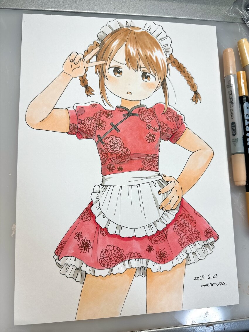 1girl absurdres annoyed apron art_tools_in_frame artist_name blush braid brown_eyes brown_hair china_dress chinese_clothes contrapposto cowboy_shot dated dot_nose drawing_(object) dress floral_print hand_on_own_hip highres maid maid_apron maid_headdress nagomurasan open_mouth original photo_(medium) puffy_short_sleeves puffy_sleeves red_dress shanghai_neckline short_hair short_sleeves sidelocks signature simple_background swept_bangs twin_braids v white_apron white_background white_headdress