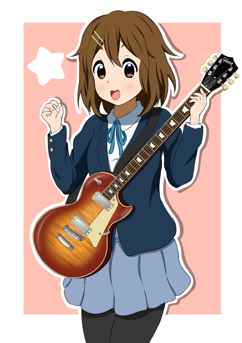 1girl absurdres aruka9628 black_pantyhose blue_skirt blush brown_eyes brown_hair dot_nose electric_guitar feet_out_of_frame female_focus gibson_les_paul guitar hair_between_eyes hair_ornament hairclip highres hirasawa_yui holding holding_guitar holding_instrument instrument jacket k-on! long_sleeves looking_at_viewer miniskirt neck_ribbon open_mouth pantyhose ribbon sakuragaoka_high_school_uniform school_uniform shirt short_hair skirt solo standing star_(symbol) teeth white_shirt