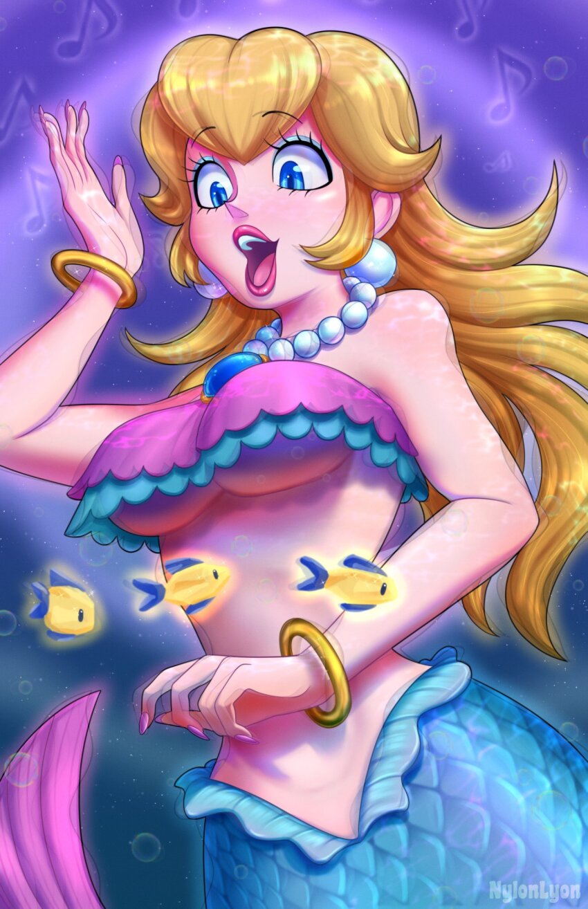 1girl bare_shoulders blonde_hair blue_eyes bra breasts earrings fish highres jewelry lips long_hair mario_(series) medium_breasts mermaid mermaid_peach monster_girl musical_note nintendo nylonlyon princess_peach princess_peach:_showtime! underboob underwear