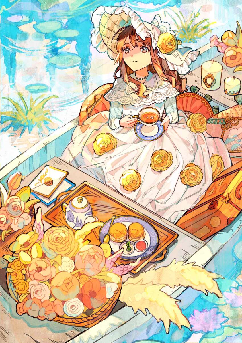 1girl absurdres blue_eyes boat bonnet brown_hair buchi_(qooo003) closed_mouth commentary_request cup day dress envelope flower hat highres holding holding_cup holding_saucer long_hair long_sleeves original outdoors pink_flower ripples rose saucer smile solo spoon spring_(season) suitcase tea teacup teapot tray water watercraft white_dress white_hat yellow_flower yellow_rose