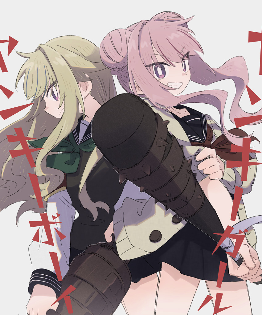 2girls ascot blonde_hair blue_sailor_collar bright_pupils club club_(weapon) cowboy_shot dotty-44 grin highres himehina_channel holding holding_club holding_weapon looking_at_viewer multiple_girls pink_hair purple_eyes sailor_collar school_uniform serafuku smile spiked_club suzuki_hina sweater tanaka_hime teeth virtual_youtuber weapon white_pupils white_serafuku
