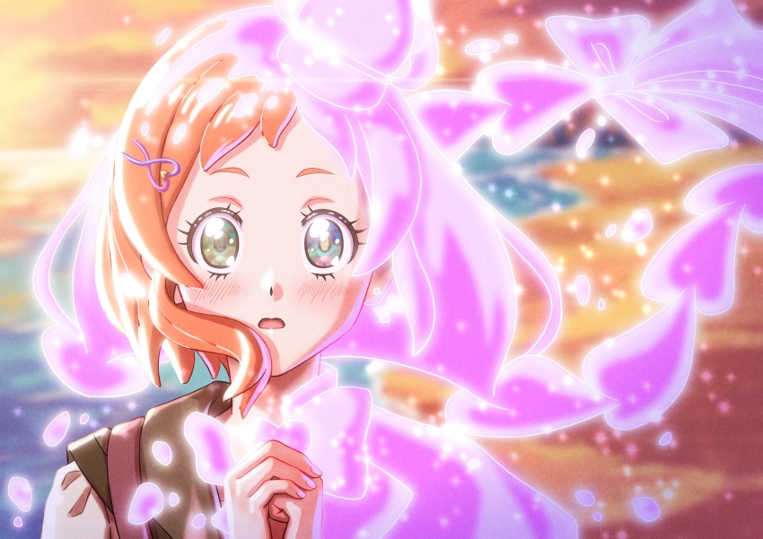 1girl absurdres beach blush brown_cardigan cardigan cloud detransformation evening green_eyes hair_ornament hairclip highres inukai_iroha makotsumakotsu medium_hair ocean open_mouth own_hands_together pink_hair precure school_uniform second_wangan_school_uniform shirt sky solo white_shirt wonderful_precure!