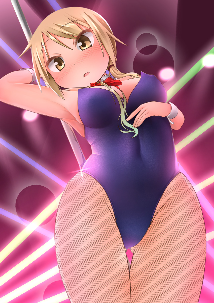 1girl absurdres baaad_sima black_leotard black_pantyhose blonde_hair blush breasts covered_navel female_focus highres ichii_yui large_breasts leotard open_mouth pantyhose pole_dancing short_hair solo yellow_eyes yuyushiki