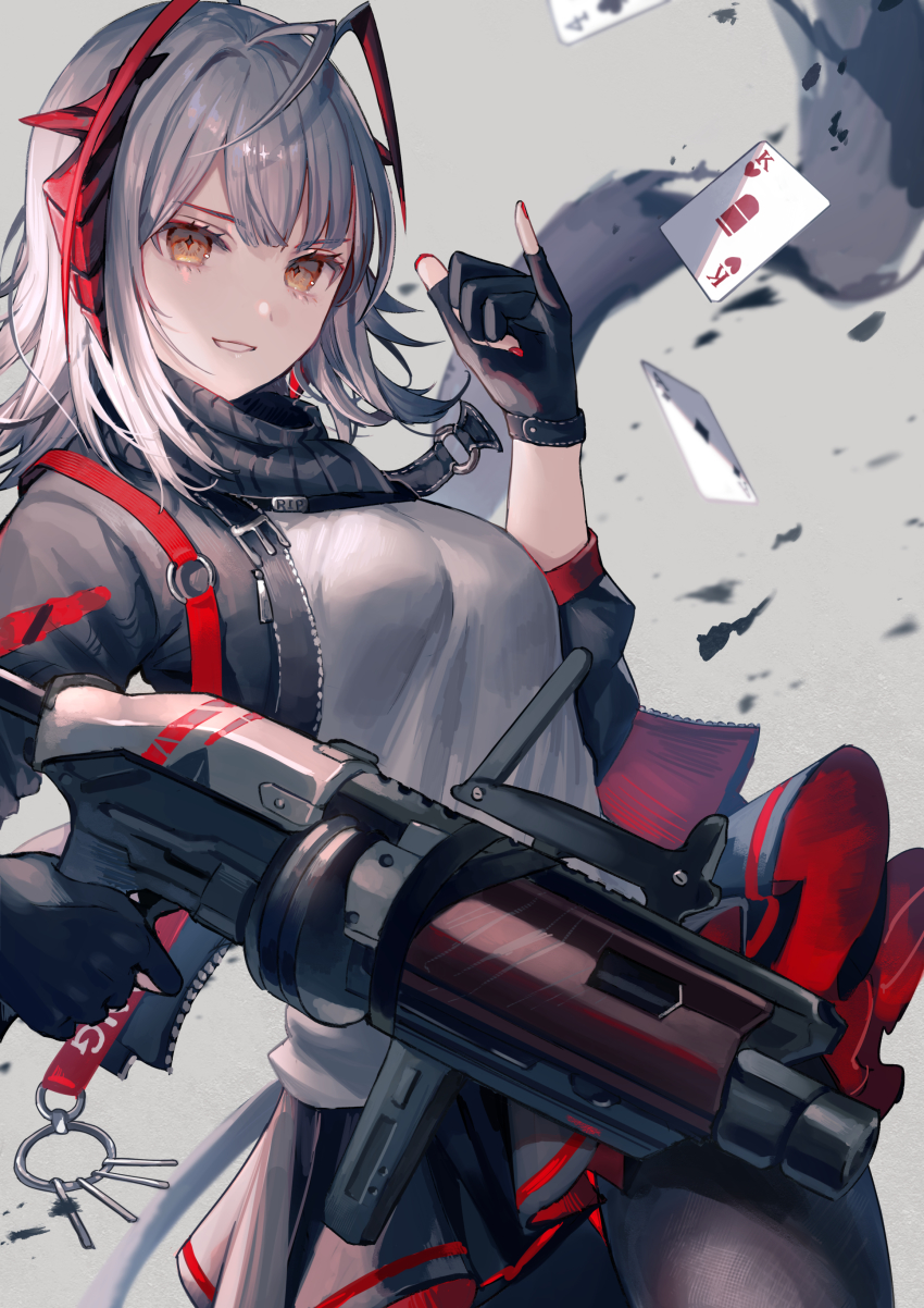 1girl absurdres ace_(playing_card) ace_of_spades arknights black_jacket black_pantyhose black_scarf black_skirt breasts commentary_request cowboy_shot demon_horns female_focus fingerless_gloves four_of_clubs gloves grenade_launcher grey_background grey_hair grey_shirt gun highres holding holding_gun holding_weapon horns jacket king_(playing_card) king_of_hearts_(playing_card) looking_at_viewer m/ medium_breasts nail_polish nomuraumu open_clothes open_jacket pantyhose parted_lips playing_card red_nails scarf shirt short_hair skirt solo spade_(shape) w_(arknights) weapon yellow_eyes