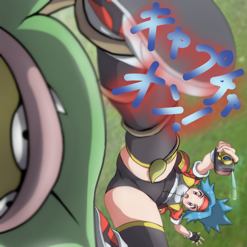 1girl :o alucard2014g black_gloves blue_hair blurry bodysuit commentary_request day depth_of_field eyelashes fang fingerless_gloves gen_1_pokemon gloves grass grey_shirt headband highres holding jacket nintendo open_clothes open_jacket open_mouth outdoors plant pokemon pokemon_(creature) pokemon_ranger_(series) red_headband red_jacket shirt shoes short_sleeves solana_(pokemon) thighhighs translation_request upside-down victreebel vines white_footwear