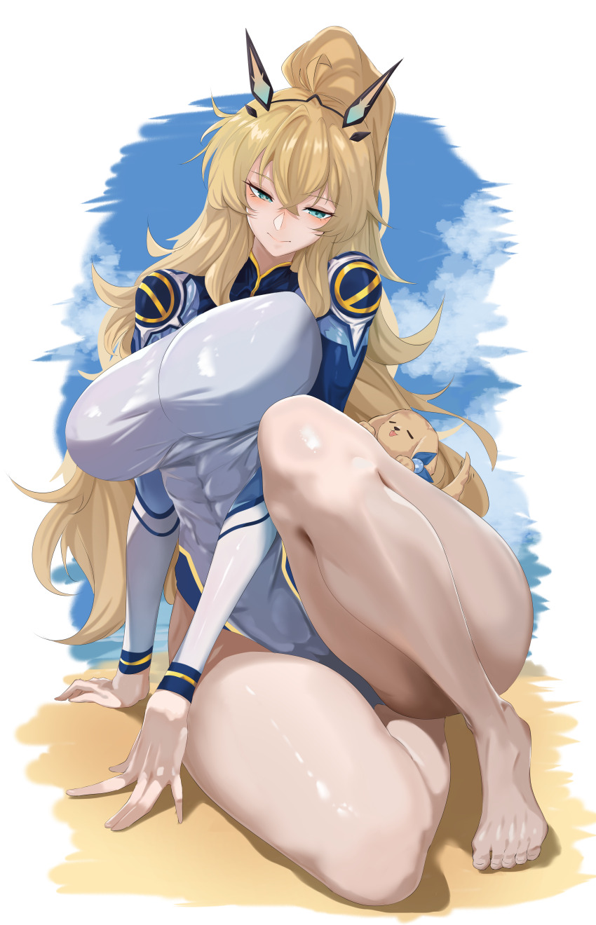1girl abs absurdres barghest_(fate) barghest_(over_the_same_sky)_(fate) blonde_hair blue_wetsuit blush breasts dog fate/grand_order fate_(series) green_eyes highres horns large_breasts long_hair long_sleeves looking_at_viewer multicolored_wetsuit muscular muscular_female ponytail smile vanko_(vank0a) white_wetsuit