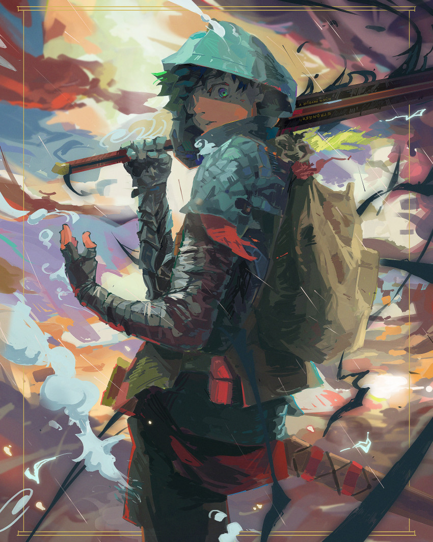 1boy absurdres alternate_universe aura bandaged_arm bandages boku_no_hero_academia commentary dark_aura english_commentary glyph green_eyes green_hair hand_up highres holding holding_sword holding_weapon hood hood_up looking_at_viewer male_focus midoriya_izuku over_shoulder scabbard sheath simple_background solo sword sword_over_shoulder timtimayo weapon weapon_over_shoulder