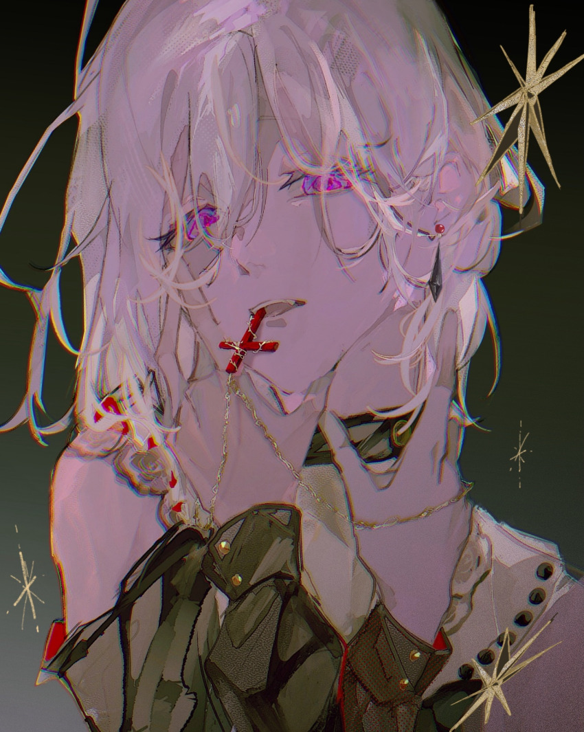1girl bang_dream! bang_dream!_it&#039;s_mygo!!!!! blonde_hair chinese_commentary clothing_cutout commentary_request cross cross_necklace doloris_(bang_dream!) gradient_background hair_between_eyes highres jewelry long_sleeves medium_hair misumi_uika necklace purple_eyes shoulder_cutout solo yi_chuan_xian_hua
